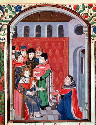 Ms 3045 fol.1 Jean de Meung (1240-1305) ofreciendo su traducción a Philippe le Bel (1268-1314) de De Consolatione Philosophiae de Boethius de French School