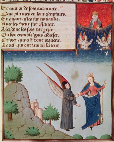 Ms 3045 fol.94r La Filosofía guía a Boecio en vuelo hacia el cielo con las alas que le ha dado; Dios Padre observa en bendición de French School