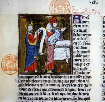Ms 312 Moisés ofrece el Cordero de la Pascua, miniatura de la Biblia Historiale de Guyart des Moulins de French School