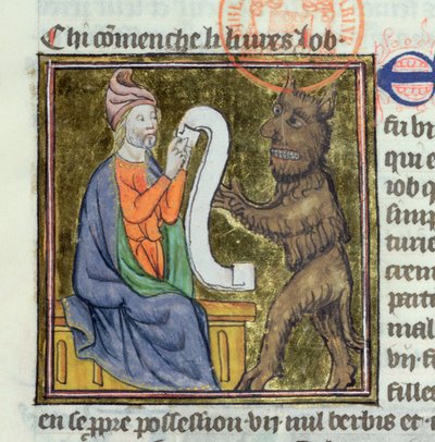 Ms 312 La tentación de Job por el diablo, miniatura de la Biblia Historiale de Guyart des Moulins de French School