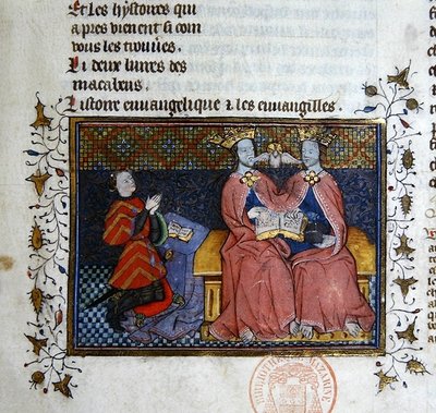 Ms 312 La Trinidad y la figura arrodillada del donante, miniatura de la Biblia Historiale de Guyart des Moulins de French School
