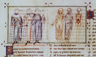 Ms 3142 fol.311r La historia de los tres hombres vivos y los tres hombres muertos, de Recueil de Poesies Francaises, c.1280-90 de French School