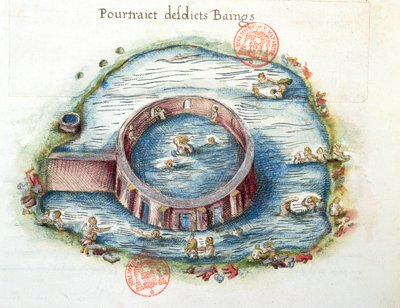 Los Baños de Bourbon-Lancy, ilustración de Generale Description du Bourbonnais por Nicolas de Nicolay, 1569 de French School