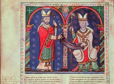 Ms 3401 fol.39v Rabanus Maurus (c.780-856) Ofreciendo su Libro al Papa Gregorio I (540-604) de la Abadía de Anchin de French School