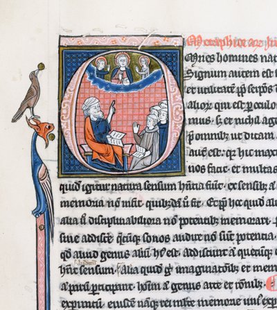 Ms 3458, inicial historiada O que representa al antiguo filósofo griego Aristóteles, enseñando a un grupo de clérigos de Europa Occidental y señalando hacia Dios en los cielos de French School