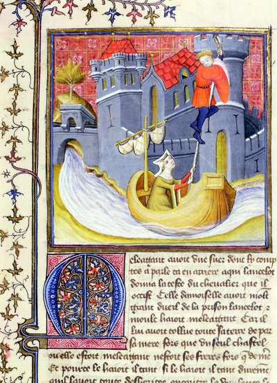 Ms 3480 Caballero escapando de un castillo con la ayuda de una dama, del Libro de Messire Lancelot du Lac de French School