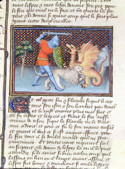 Ms 3480 Yvain, el Caballero del León, luchando contra un dragón, miniatura de Roman de Lancelot de French School