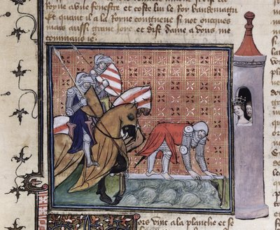 Ms 3480 fol.77 Lancelot cruzando el Puente de la Espada, del Libro de Messire Lancelot du Lac de French School