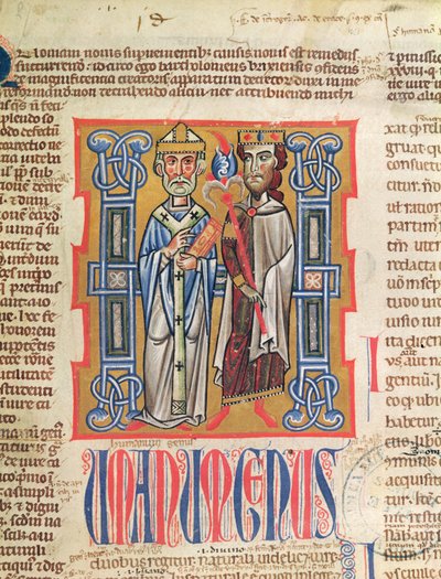 Ms 354 fol.9 Miniatura de un obispo y un rey del Decretum Gratiani, siglo XIV de French School