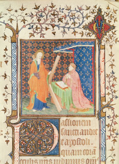 Ms 35 fol.17v Jean de Francia (1340-1416) Duque de Berry rezando ante San Andrés, del Leccionario de Sainte-Chapelle de Bourges, c.1404-10 de French School