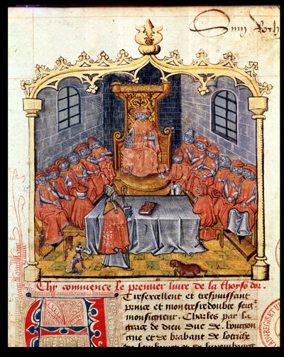 Ms 363 Carlos el Temerario (1433-77) Duque de Borgoña y los Caballeros de la Orden del Toisón de Oro, de La Historia del Toisón de Oro por Guillaume Filastre, mediados del siglo XV de French School