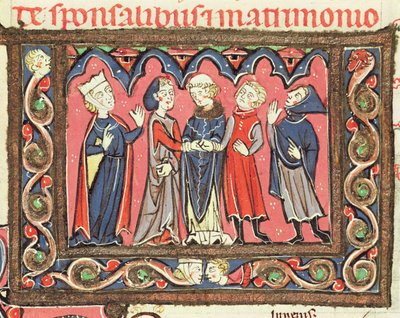 Ms 364 fol.166 Un matrimonio, ilustración de los comentarios de Johannes Andreae sobre los Decretales papales de French School