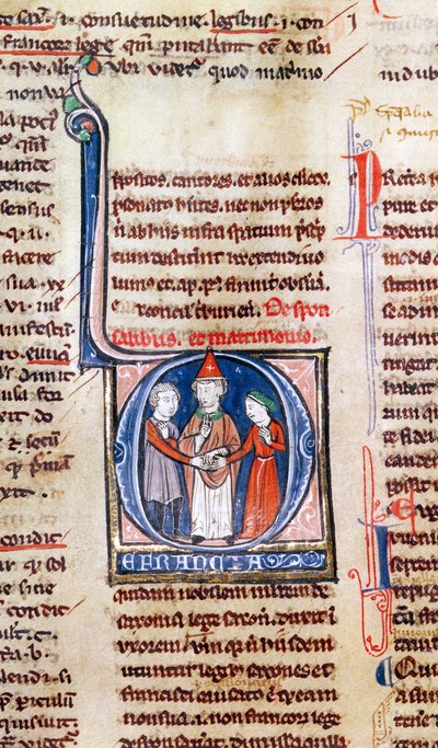Ms 365 fol.318v Inicial historiada D que representa un matrimonio, de las Decretales de Gregorio IX de French School