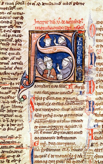 Inicial historiada S que representa al Papa Gregorio IX (1220-50) con obispos y abades, de las Decretales de Gregorio IX de French School