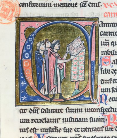 Ms 36 Inicial historiada C que representa a un monje leyendo un misal, de una biblia latina de French School