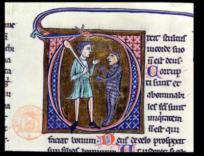 Ms 36 Inicial historiada D que representa a un hombre con el diablo, de una biblia latina de French School
