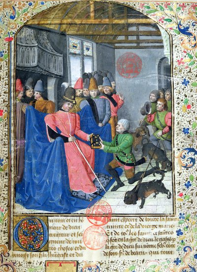 Ms 3717 Cazador presentando al autor una copia de su tratado sobre caza, del Livre de la Chasse de Gaston Phebus de Foix (1331-91) de French School