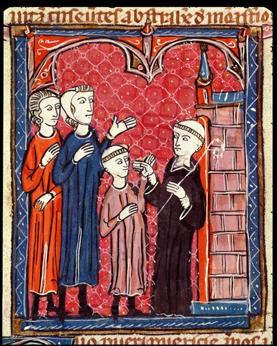 Ms 372 f.53r Un niño llevado a un monasterio por sus padres, de Decretos de Graciano de French School