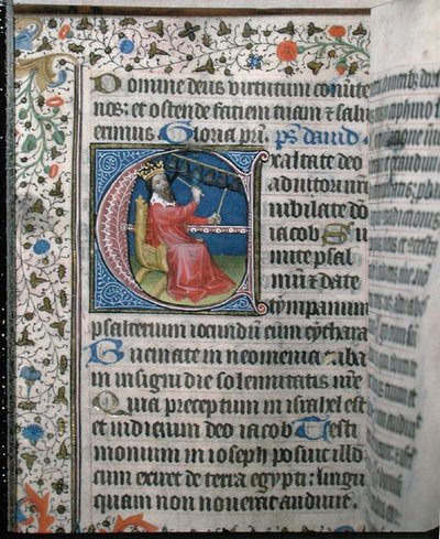 Rey David tocando un carillón, ilustración de un salterio, principios del siglo XV de French School