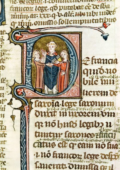 Inicial historiada D que representa a un sacerdote bendiciendo un matrimonio, de Les Gregoriennes de French School
