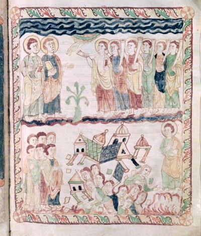 Ms 386 fol.25r Ángeles con trompetas y la tierra temblando, del Apocalipsis de San Juan de French School