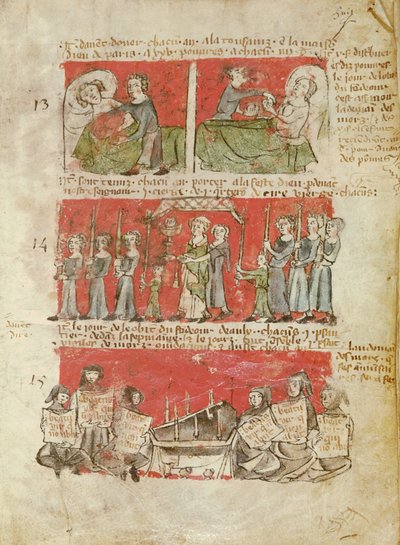 Escenas de las vidas de los estudiantes del Colegio de Hubant o el Ave María, de los Estatutos del Colegio de Hubant, París, 1387 de French School
