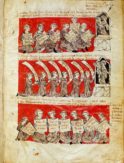 Ms 406 fol.6 Escenas de la vida de los estudiantes del Colegio de Hubant o el Colegio de la Virgen Bendita en París, de los Estatutos del Colegio de Hubant, 1387 de French School