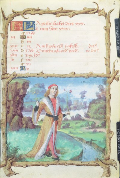 El mes de abril: caballero recogiendo flores, de un Libro de Horas, 1490 de French School