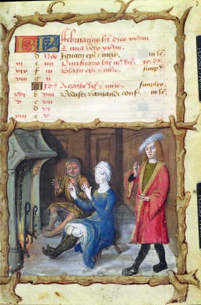 El mes de febrero: calentándose frente al hogar, de un Libro de Horas, 1490 de French School