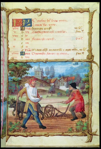 El mes de octubre: arado y siembra, de un Libro de Horas, 1490 de French School