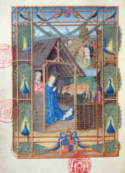 Ms 473 La Natividad con pavos reales, miniatura de las Horas de Carlos de Francia, c.1466-69 de French School