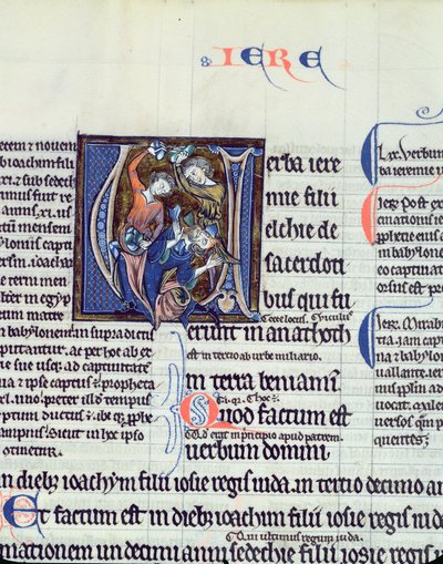 Ms 48 fol.95v Inicial historiada V que representa la lapidación del profeta Jeremías de French School