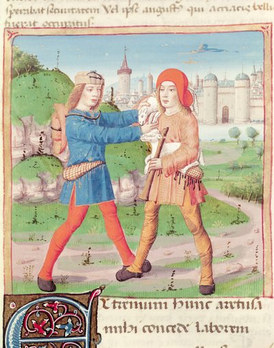 Ms 493 f.17 Un intercambio de regalos, de Las Églogas de Virgilio (70-19 a.C.) con un comentario de Servius, 1469 de French School