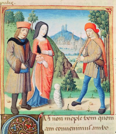 Ms 493 f.9 La celebración del niño que restaurará la Edad de Oro en la Tierra, de Las Églogas de Virgilio con un comentario de Servius, 1469 de French School
