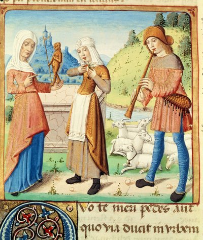 Ms 493 fol.15v El pastor Menalcas y su amor no correspondido, de Las Églogas de Virgilio con un comentario de Servius, 1469 de French School