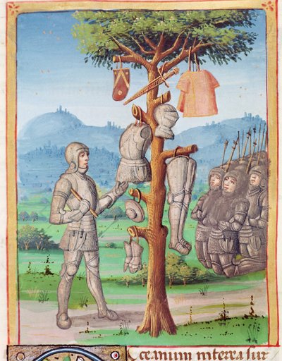 Ms 493 fol.193v Eneas cuelga la armadura de Mezencio de un roble, de La Eneida de Virgilio con un comentario de Servius, 1469 de French School