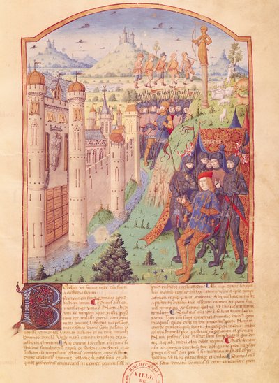 Ms 493 fol.1r Las Obras de Virgilio con Comentario de Servio, Las Bucólicas, Rey sentado en su trono rodeado por sus guardias frente a una ciudad fortificada, Francia de French School