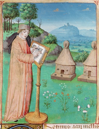Ms 493 fol.45 Virgilio (70-19 a.C.) escribiendo La vida de las abejas, de Las Geórgicas de Virgilio con un comentario de Servius, 1469 de French School