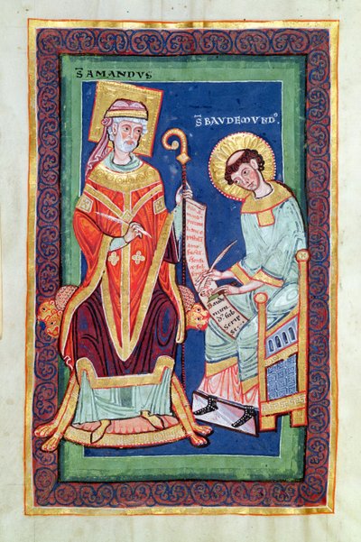 Ms 501 Fol.58 San Amando devolviendo un pergamino a San Baudemond, de La vida y milagros de San Amando por San Baudemond (c.1150-c.1199) de French School