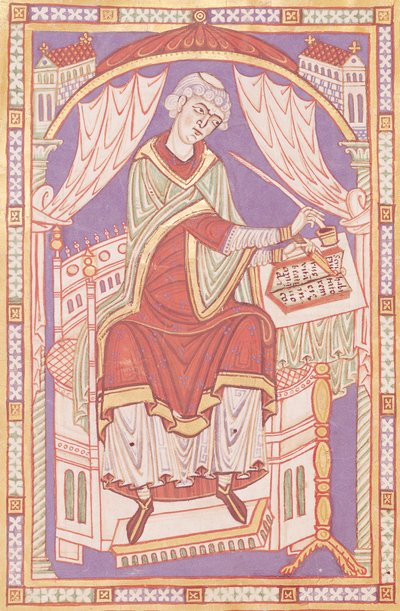 Ms 501 fol.5v Baudemond escribiendo, de Vie et Miracles de Saint Amand de French School