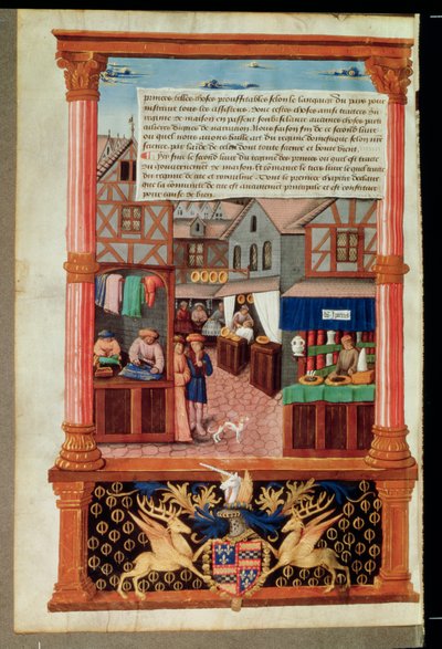 Ms 5062 fol.149v Una calle con tiendas y el escudo de armas de Robert Stuart, Mariscal de d