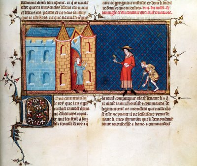 Ms 5080 fol.373r Dos leprosos mendigando, de Le Miroir Historial, por Vincent de Beauvais de French School