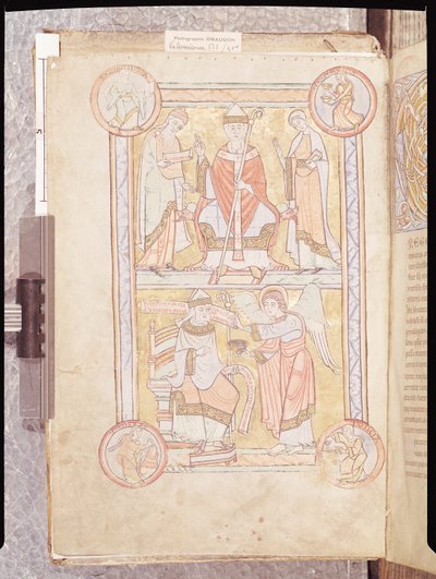 Ms 512 fol.4v San Gregorio Magno (c.540-604) entre su padre, Gordien, y su madre, Silvia y un hombre ahogado como un ángel, de Liber Pastoralis de French School