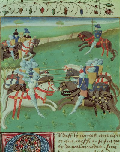 Ms 527 f.5v Enseñando a los caballeros a justar, del Roman du Saint Graal de French School