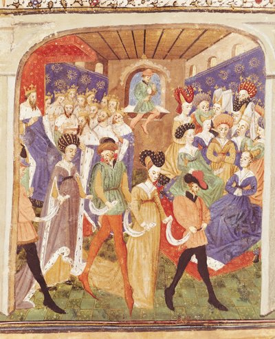 Ms 527 fol.1r Baile de la corte, del Roman du Saint Graal de French School