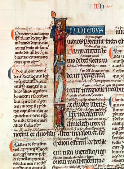 Ms 53 fol.29 Inicial historiada I que representa a Rut con su esposo e hijos, del Libro de Rut de French School