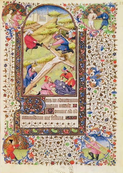 Ms 547 fol.21 Cristo siendo clavado en la cruz, de un Libro de Horas usado por una mujer de Poitiers de French School