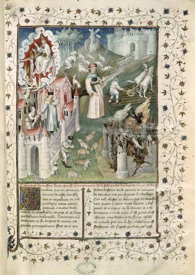 Ms 55 t.2 fol.3 La Ciudad de Dios, la Ciudad de Caen y la Ciudad de los Vicios, de La Ciudad de Dios de San Agustín de Hipona (354-430) traducido por Raoul de Preles (1316-82) de French School
