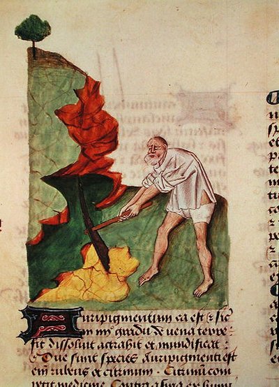 Ms 59 fol.3v Buscando oro, del Gran Herbario de Pedanius Dioscorides (c.40-90) de French School