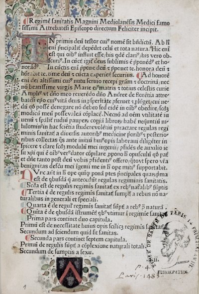 Ms 6310 Primera página de Regimen Sanitatis, 1483 de French School